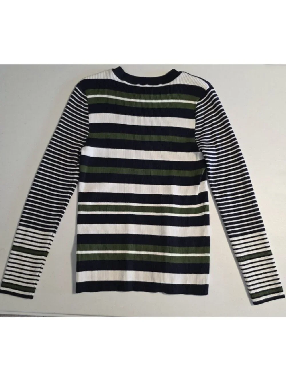 Nine West Rib Knit Crew Neck Sweater Rayon Blend Green Blue Striped Large NEW‎